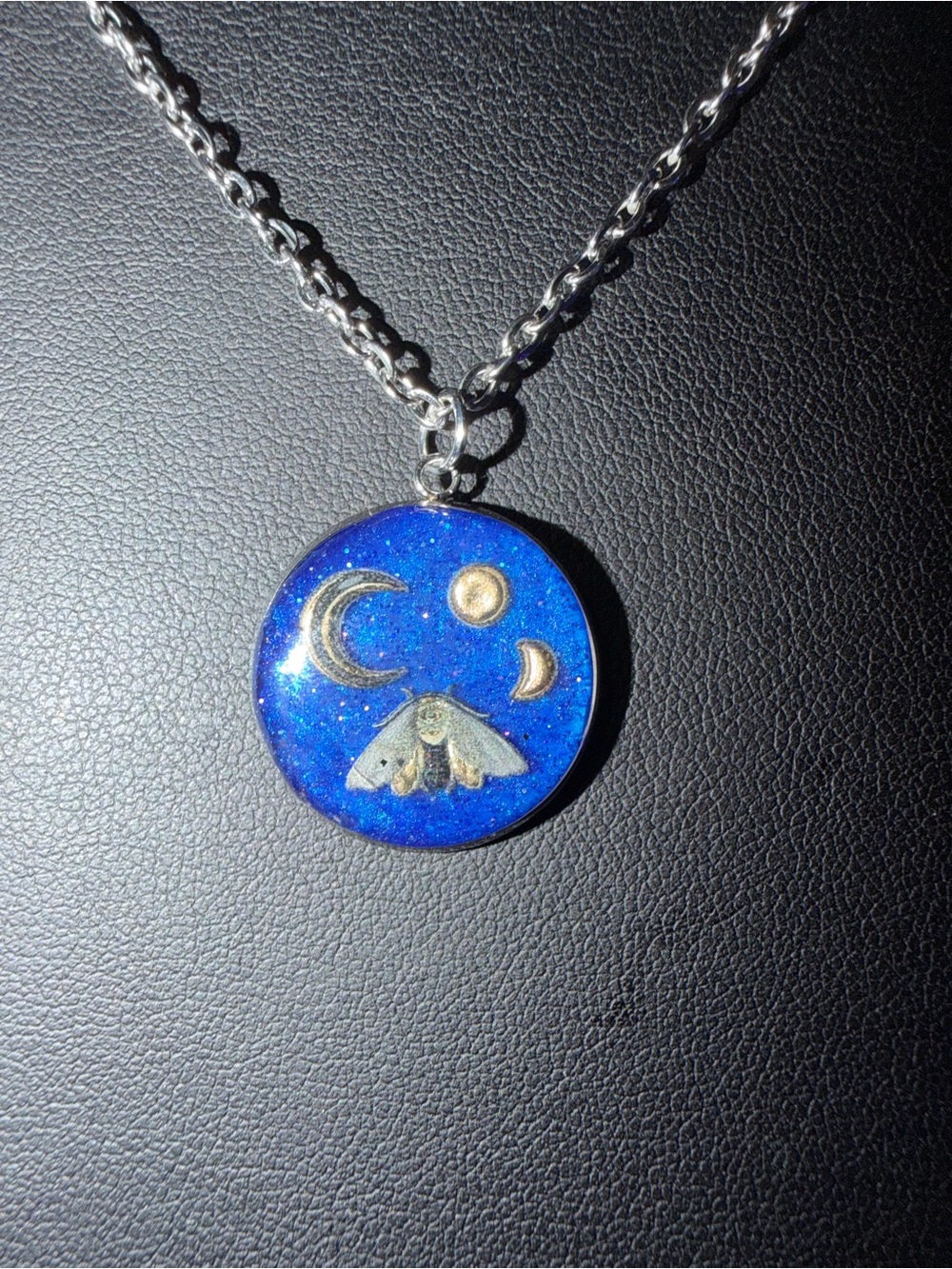 Handmade Celestial Moth Resin Pendant Necklace in Sparkling Blue - Picture 1 of 3